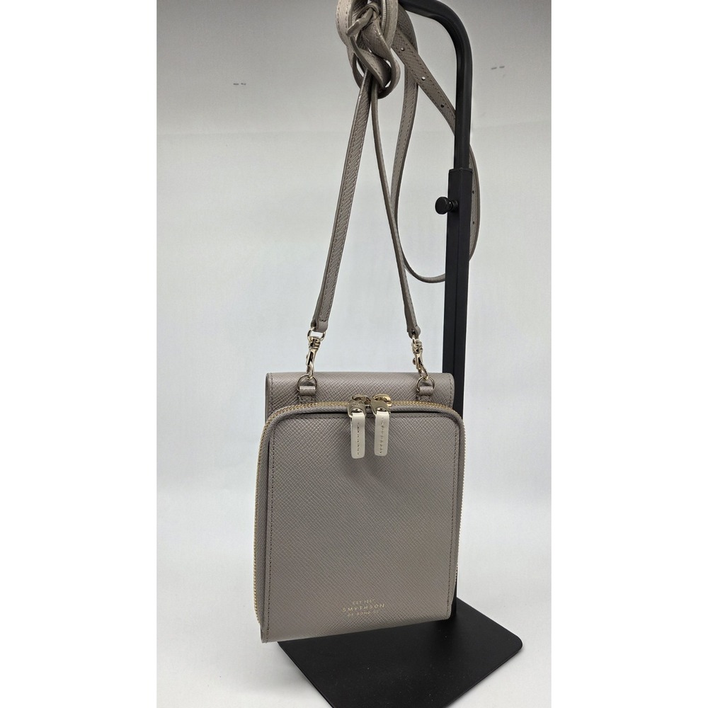 Smythson of Bond St Panama Grey Leather Crossbody Wallet Gold Hardware